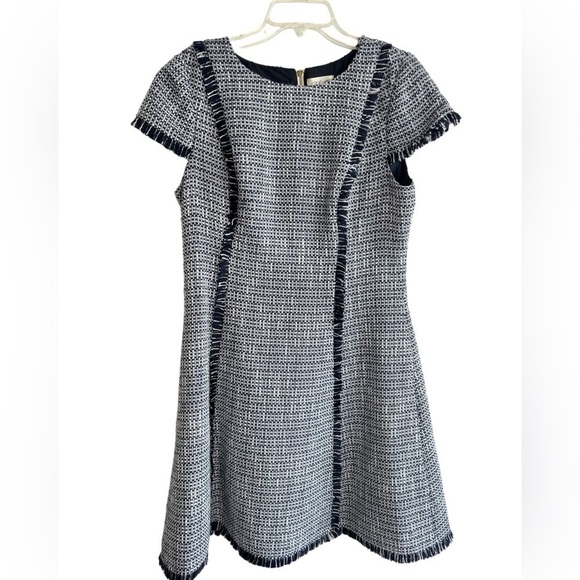 Eliza J Dress Women's Sz 12 Navy Blue White Tweed Fit And Flare Fringe, Pockets - Picture 1 of 15